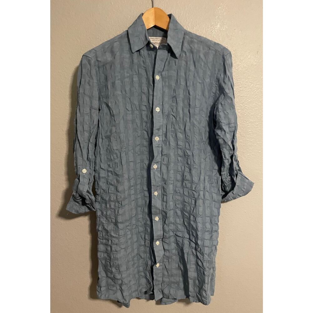 Emily Phillips Dress Womens 4 Blue Shirt Dress Crinkle Button Front Made USA